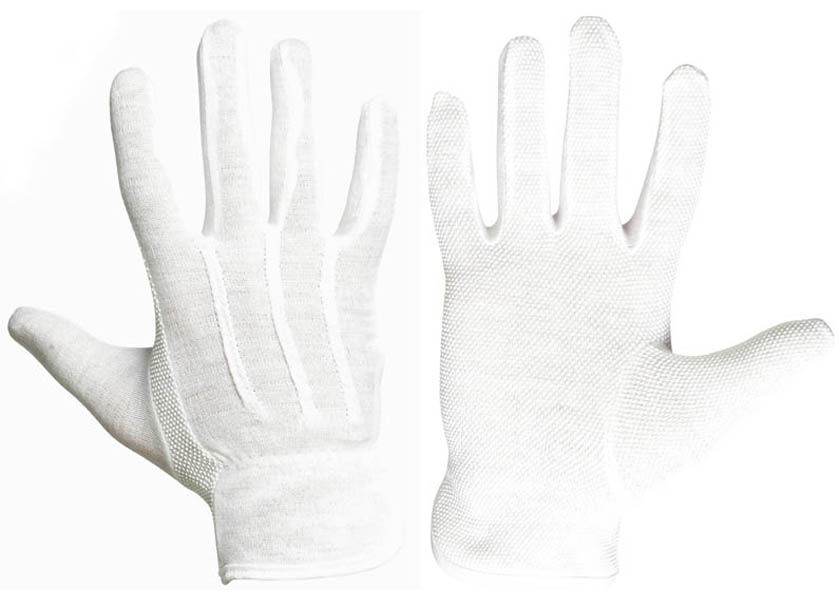 Pracovní rukavice BUSTARD šité z bavlněného úpletu s PVC terčíky - velikost 6-8