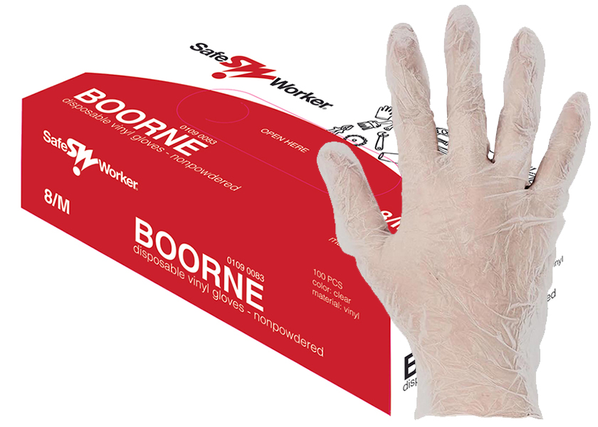 Jednorázové rukavice BOORNE vinylové nepudrované box 100 ks - transparentní