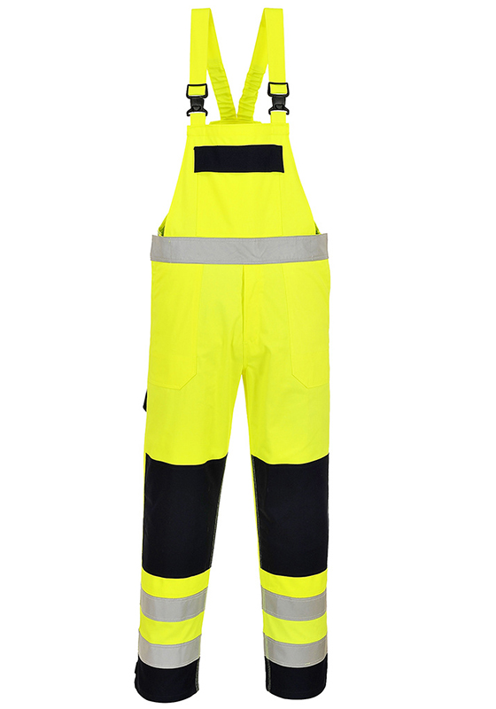 Reflexní nehořlavé kalhoty s laclem PORTWEST FR63 Hi-Vis MULTINORM - žlutá/navy